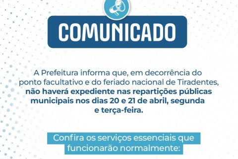 CACHOEIRINHA:  FERIADO DE TIRADENTES - Confira o funcionamento dos serviços